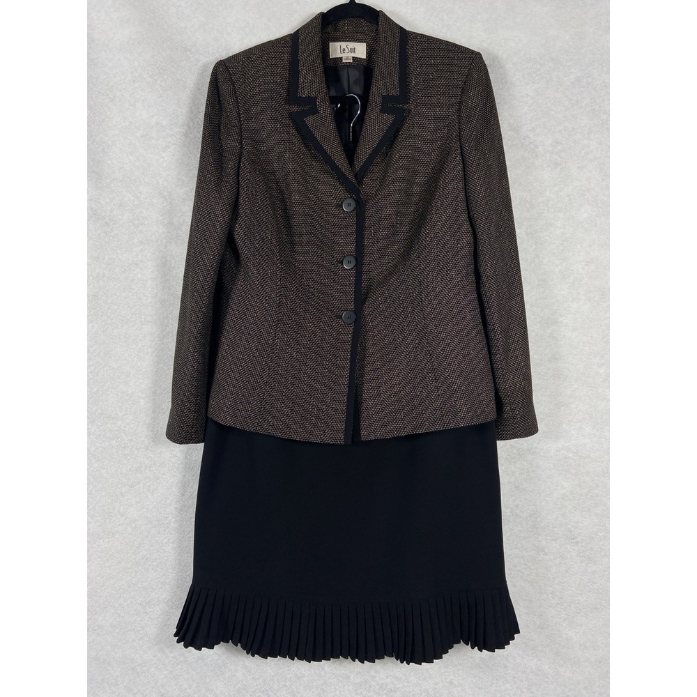 Le Suit 2PC Skirt Suit Women's‎ 12 Brown Black Blazer Buttons Long Sleeve Twill